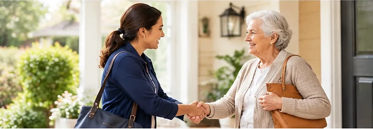 Caregiver arriving at a home and greeting an older woman with a handshake