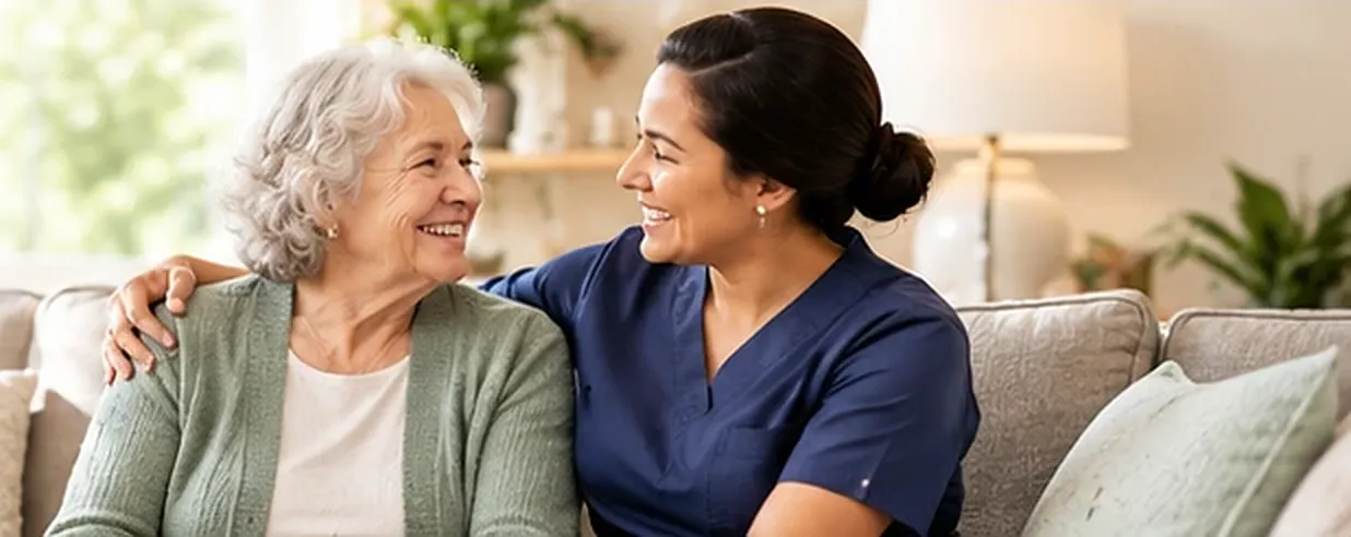 Caregiver with her arm around a smiling older woman on a living room sofa