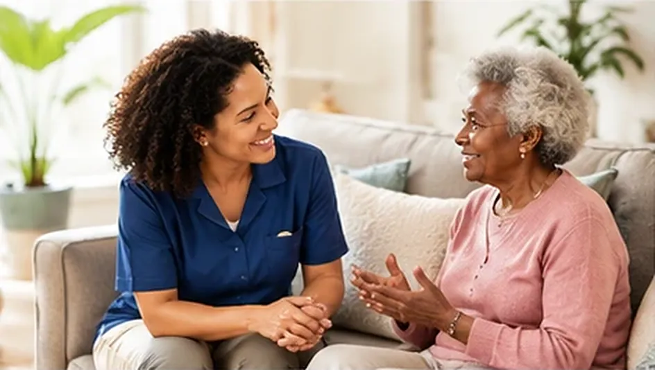 Caregiver and an older woman sharing a warm conversation on a sofa