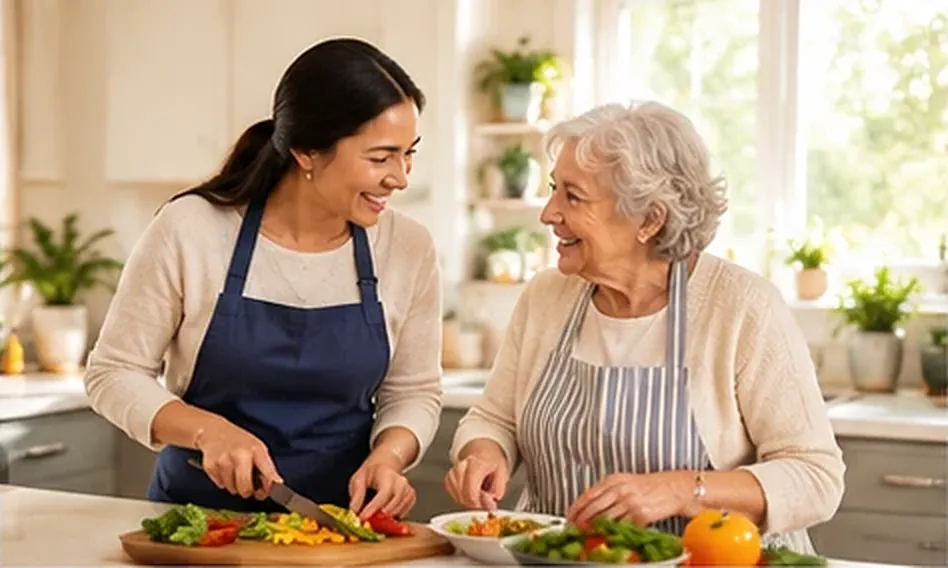 Caregiver and an older woman preparing fresh vegetables together in a bright kitchen