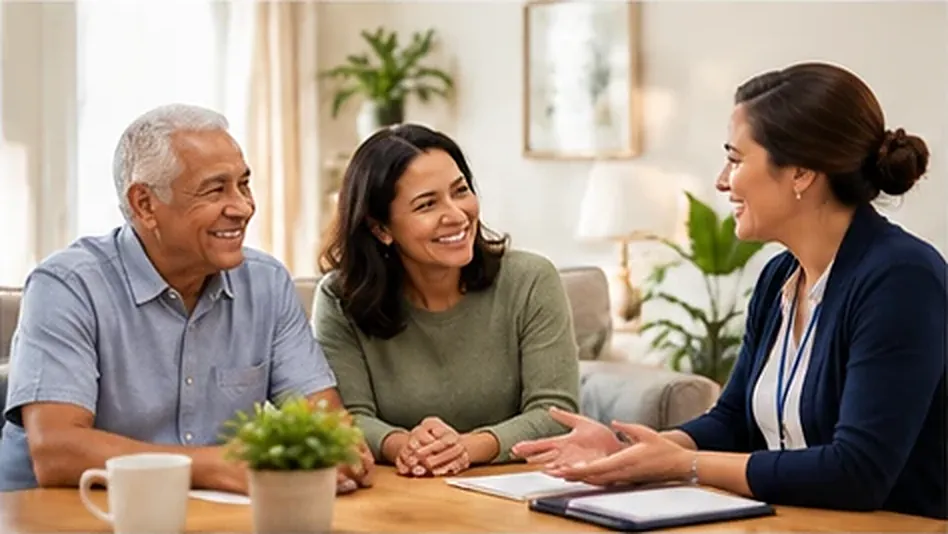 Barasi Care team member talking with an older man and his daughter at their dining table