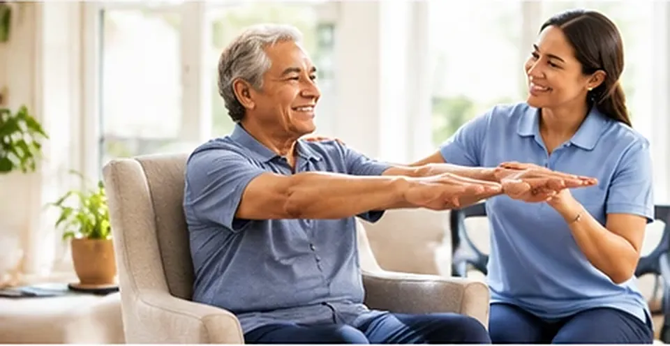 Caregiver guiding an older man through gentle seated arm exercises at home