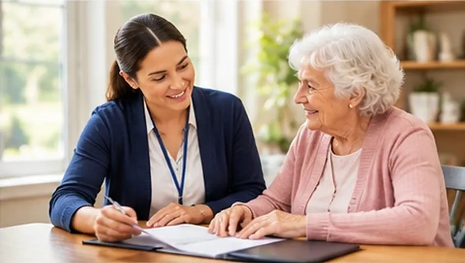 Care coordinator and an older woman going through a care plan together