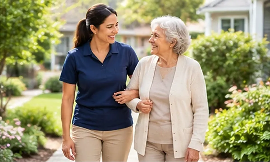 Caregiver walking arm in arm with an older woman through a sunny garden
